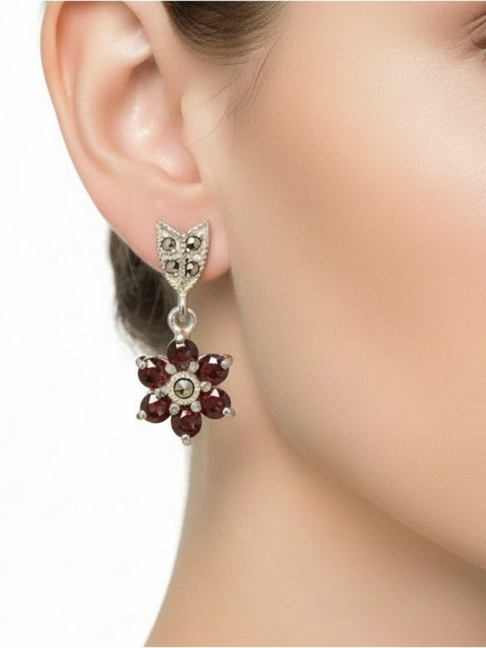 Sterling Silver 925 Marcasite Garnet Flower Drop Earrings